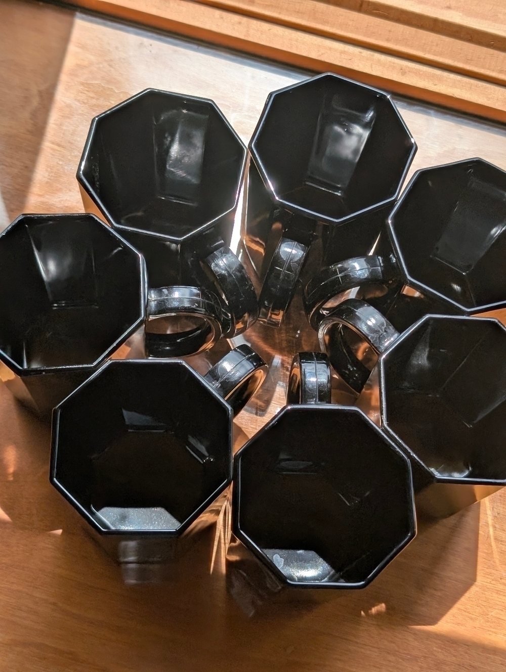 Arcoroc Vintage 80s Made In France Octagonal Black Glass Mugs, Set Of 7